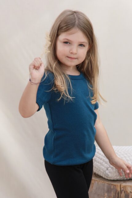 Blauw T-shirt korte mouw kind van merinowol